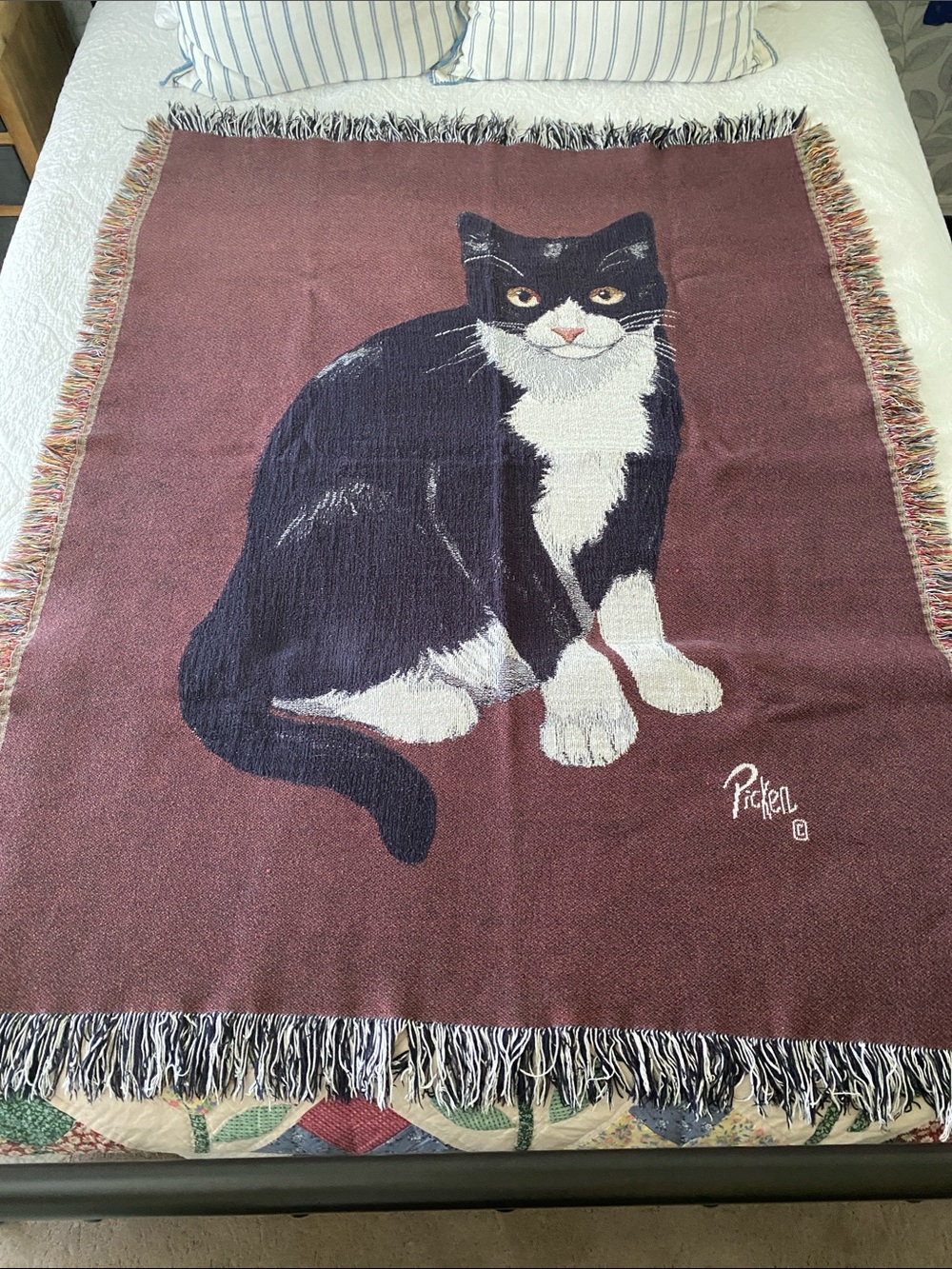 Vintage Linda Picken woven tapestry throw blanket with tuxedo cat